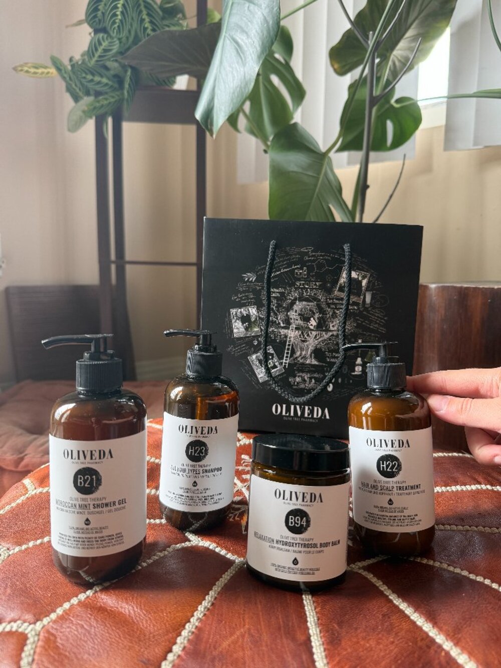 Oliveda Kit- Shampoo, Hair and Scalp Treatment, Shower Gel, and Body Balm